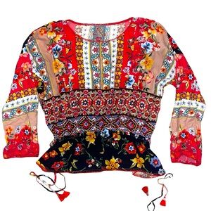 Johnny Was Drop Drawstring Waist Patchwork Printed Blouse Size Medium